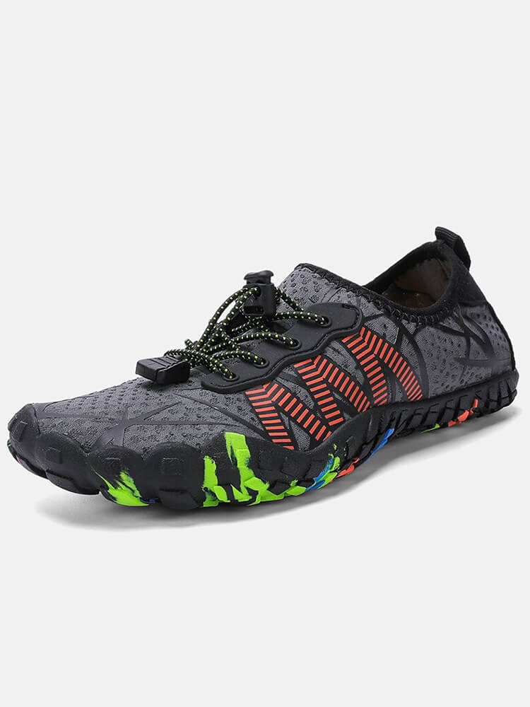 Colorful beach quick-dry aqua shoes with lace-up for men and women, featuring breathable fabric and professional rubber outsole.
